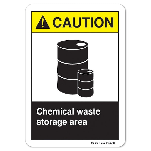 ANSI Caution, 12" H, 18" W, Rigid Plastic, 12" H, 18" W, Landscape, Chemical Waste Storage Area